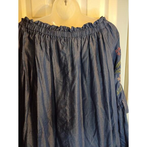 Umgee Dress Blue Embroidered Flared Sleeves Sz L On Or Off Shoulder Boho Fairy - Picture 6 of 11